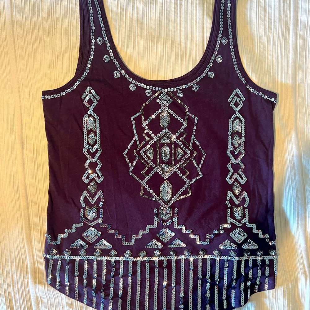 Aubergine colored tank from Express with gorgeous Art Deco sequin styling.